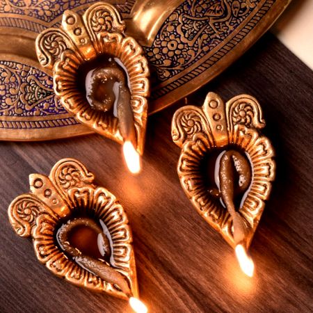 Brass Leaf Shape Diwali Diya with Intricate Design Pack of 3